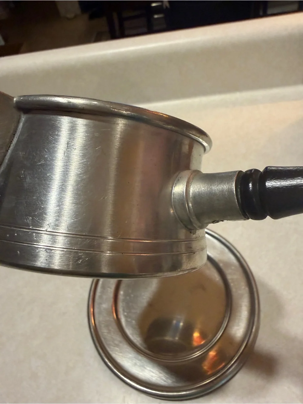 Woodbury Pewter Gravy Pitcher With Wood Handle And Matching Tray